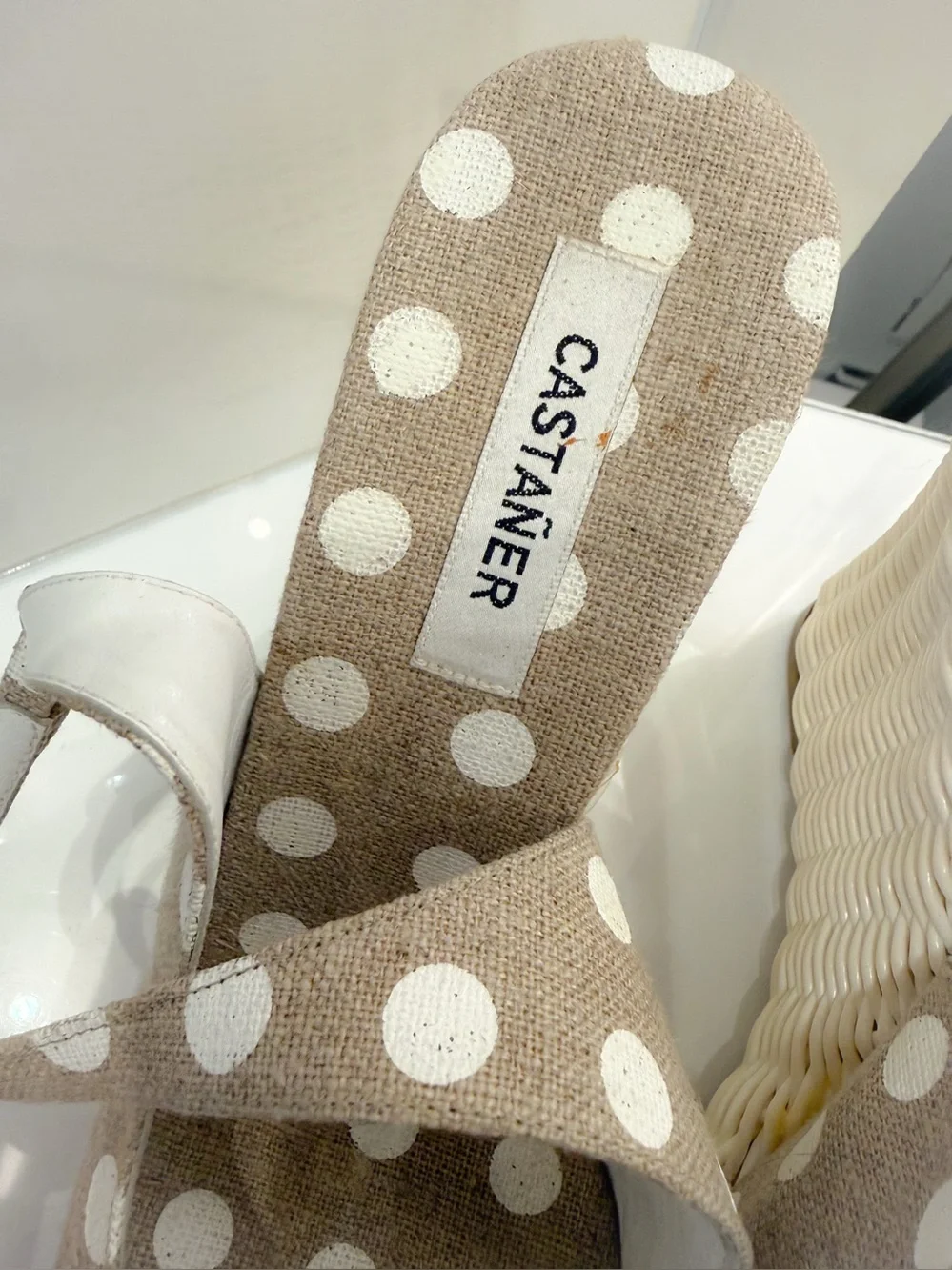 New Never worn Castanet Beige Polka Dot Espadrille Wedge Sandals Made in Spain